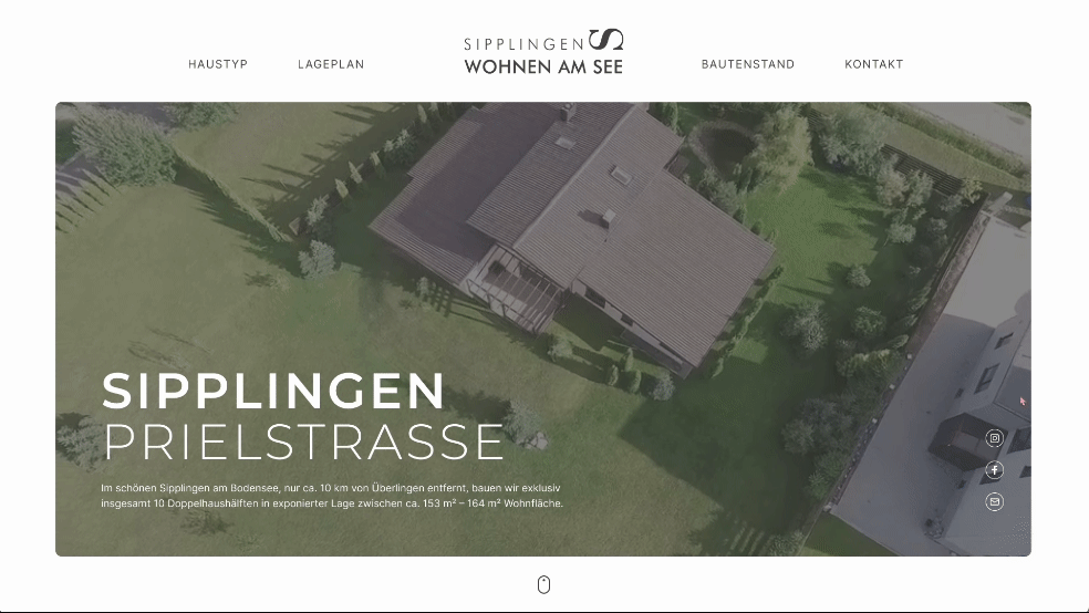 Prototype video of the initial UX design concept for the Sipplingen real estate website, featuring the Hero section with interactive hover effects in the navigation.